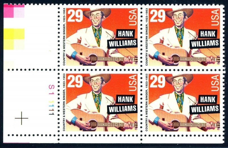 1993 Hank Williams Country Music Plate Block of 4 29c Stamps, Sc# 2723, MNH, OG