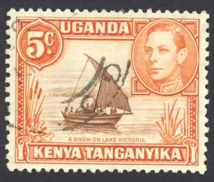 Kenya, Uganda, Tanzania Sc#68a Used perf 13X12½ 1950 5¢ red, orange & brown...