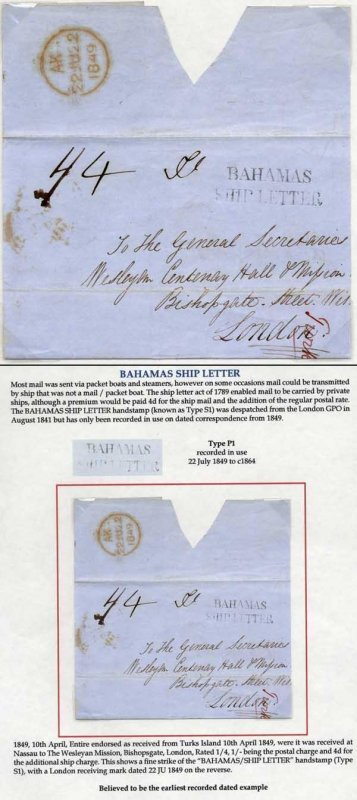 Turks Island to London via Bahamas 1849 (10 Apr) wrapper Bahamas ship letter h/s 