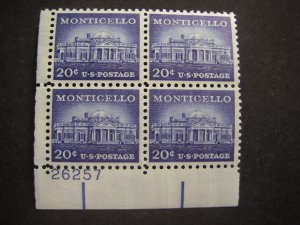 Scott 1047, 20c Monticello, PB4 #26257 LL, MNH Liberty Beauty