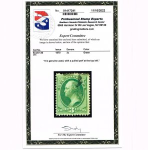 EXCELLENT SCOTT #136 F-VF USED 1870 GREEN WELL-DEFINED H-GRILL PSE CERT #19038