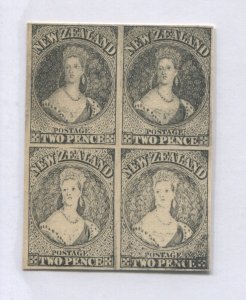 New Zealand QV 2d Chalon Plate Proof imperf block of 4