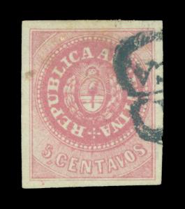 ARGENTINA 1863 Seal of the Republic 5c rose LILAC  Sc# 7Cd used XF - SALTA cxl