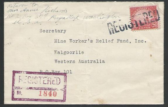 USA 1934 20c Golden Gate on cover PAYULLUP, Wash to West Australia.........62461