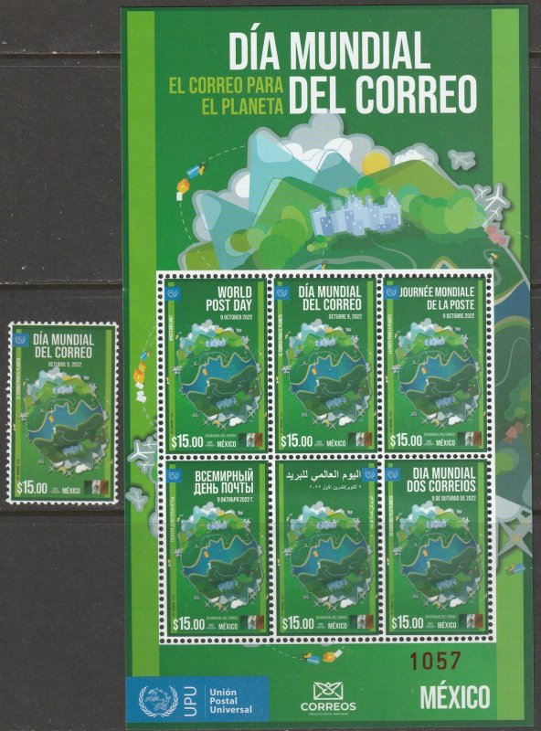 MEXICO 3270-3270a, WORLD POST DAY, INCL. SS. MINT NH VF
