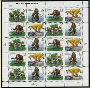 1996 Prehistoric Animals Sc 3080a full 32c MNH sheet of 20 Sc 3077-3080 mastodon