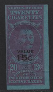 $US/Puerto Rico 1943 Cigarette Revenue 20 @ 13c, 15c o/p
