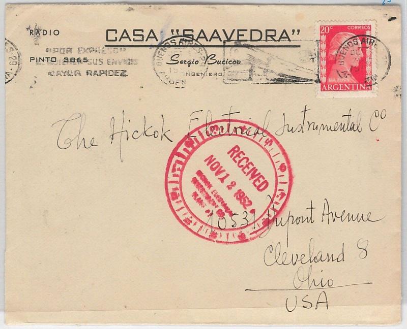 ARGENTINA - POSTAL HISTORY  -  COVER to USA - MECCHANICAL POSTMARK 1952  - TRAIN