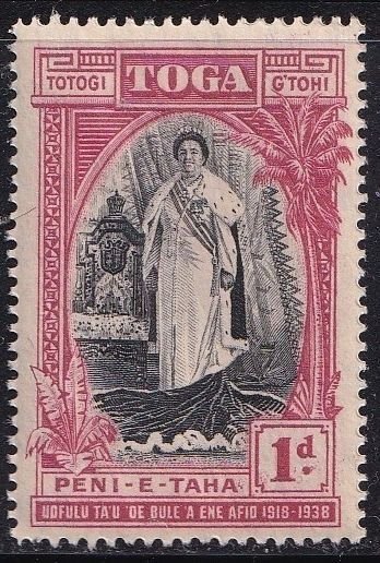 Tonga 70 (mhr, lt gum toning) 1p Queen Salote, carm & black (1938)