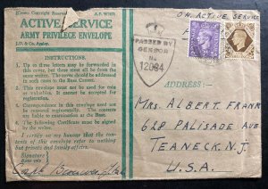 1940s British Field Post On Active Service Censored Cover To Teaneck NJ USA