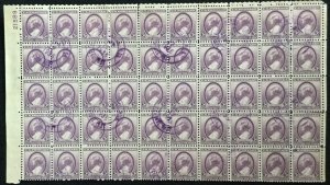 US #784 Used Block of 50 w/Plate Bock CDS Susan B Anthony Perf Sep far right L28