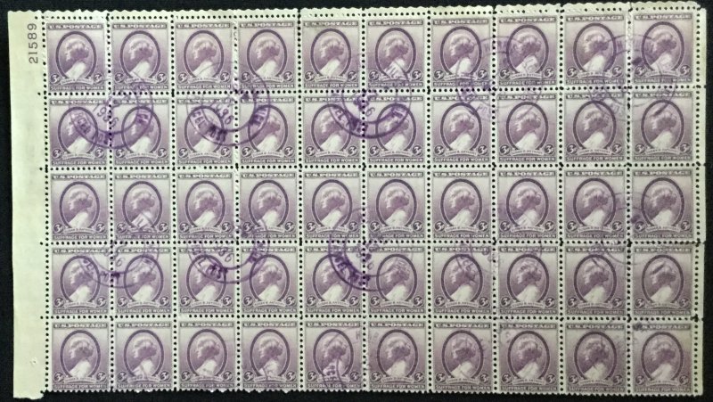 US #784 Used Block of 50 w/Plate Bock CDS Susan B Anthony Perf Sep far right L28