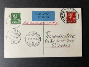 1929 Norge Norway Airmail Postcard Cover Oslo to Venice Italy via Berlin Vienna