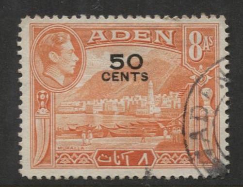 ADEN - Scott 40 - Overprint - 1951- Used - Single 50c on a 8a Stamp