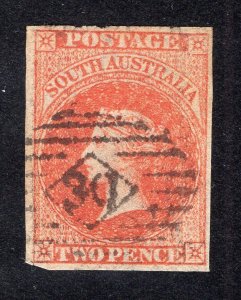 South Australia 1856 2p orange red Victoria, Scott 6b used, value = $92.50