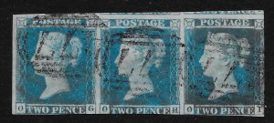 GB QV, 1841 2d Blue Plate 3, OG-OI, Good Used Strip of 3,  SG 14 Cat. £315.00
