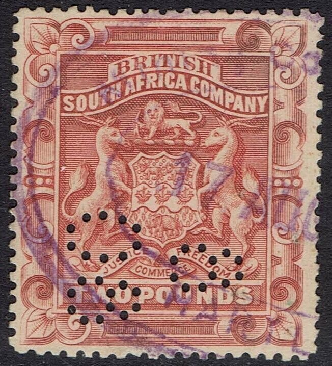 RHODESIA 1892 ARMS £2 PERF 14½ FISCAL USED