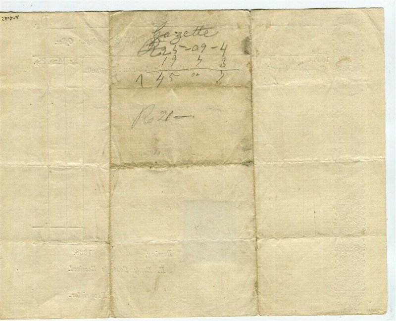 INDIA; 1868 classic QV Revenue Document + Stamp fine used item