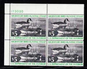 U S RW43 1976-77  $5 Duck Hunting License Stamp  Plate Block of Four (4) Mint NH
