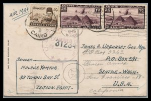 Egypt 1945 Censored Card Zeitoun Cairo Airmail To Seattle Forwarded to SF, Ca.