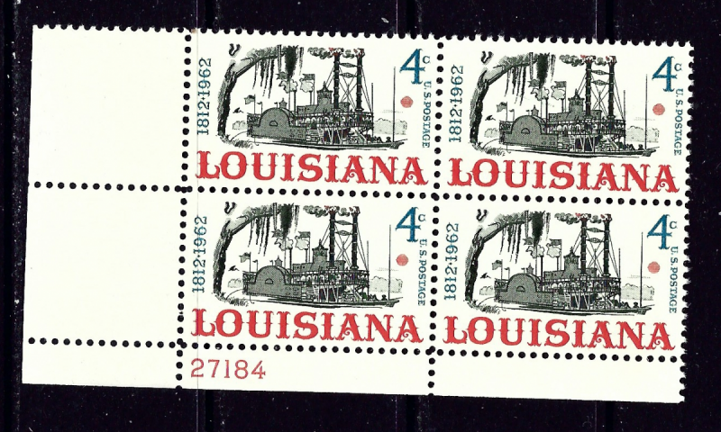 U.S. 1197 MNH 1962 Louisiana Statehood Plate Block