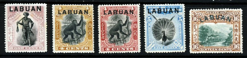 LABUAN QV 1897-02 LABUAN O'printed North Borneo SG 89, 112, 113, 114 & 116 MINT