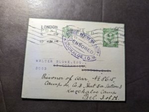 1916 Censored England WWI Prisoner of War POW Cover London to Knockaloe IOM