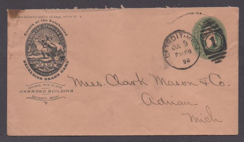 **US P/S Adv Cover Detroit, MI 7/9/1894 Excelsior Brand Hats, Hammond Standish