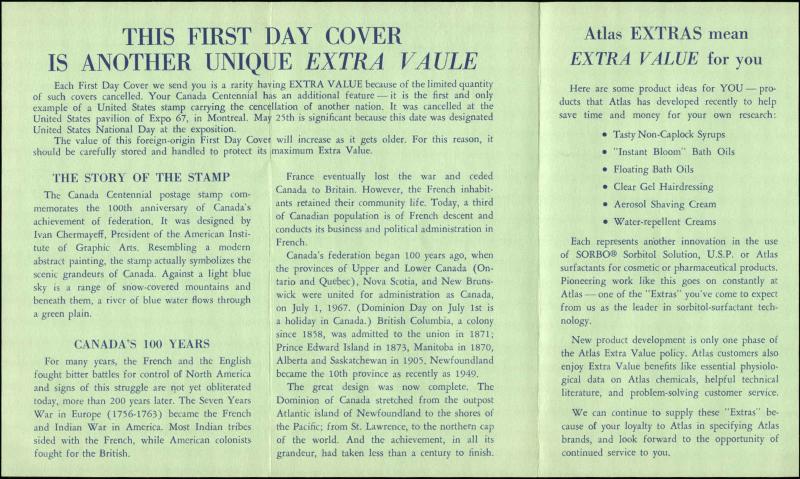 US FDC #1324 Artcraft Atlas Chem Cachet US Pavilion, Montreal, Canada EXPO 67