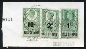 Isle of Man KGVI 10/- 2/- and 1/- Key Plate Type Revenues CDS on Piece