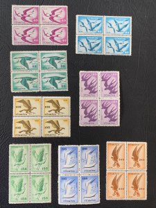 Turkey 1959 Birds airmails in MNH blocks of 4. Scott C31-38, CV $50.00