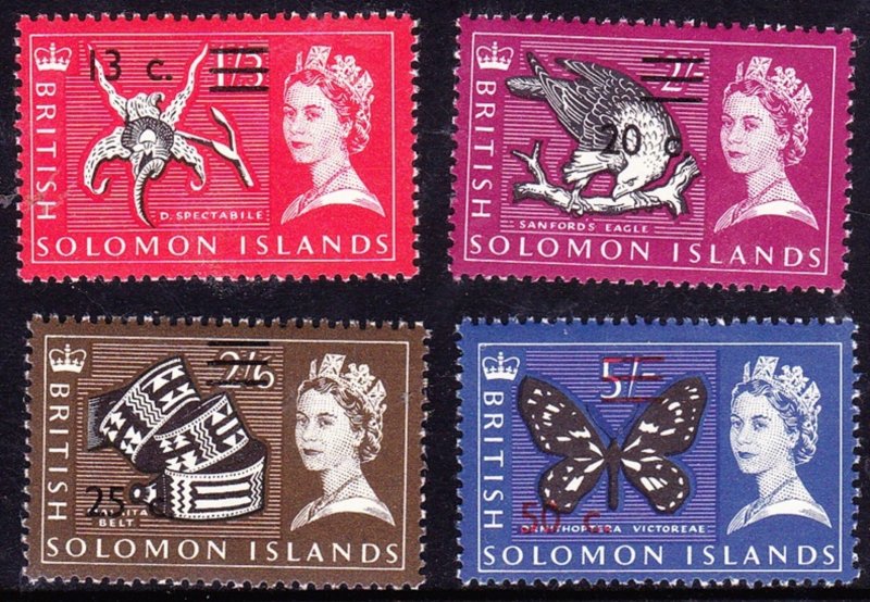 BRITISH SOLOMON IS 1965 QEII 13c on 1/3, 20c on 2/-, 25c on 2/6, 50c on 5/- S...