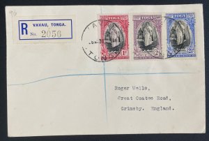 1939 Vavau Tonga Toga Registered Cover to Grimsby UK Queen Salote Tabou Stamps