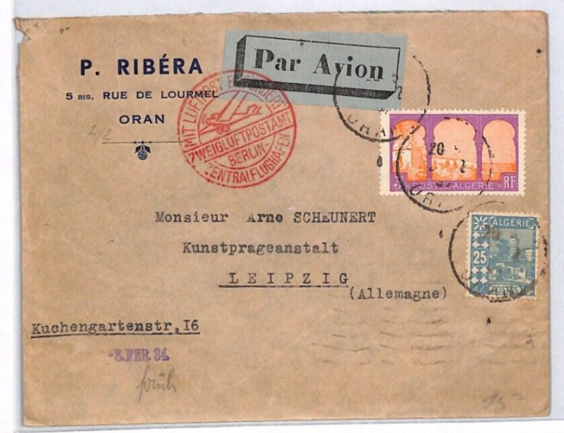 France Cols ALGERIA Cover 1934 *German Air Mail* Oran-Berlin 3f25c Leipzig YV260