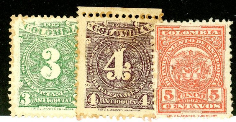 Colombia-Antioquia, Scott #133-35, Unused, Hinged