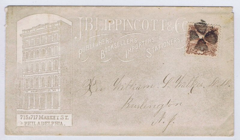 US 113 VF on illustrated ad cover Philadelphia bookseller geometric cancel 1869