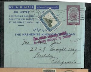 JORDAN COVER (P0306B) 1956 25F AEROGRAM +20F AMERICAN EMBASSY TO USA POSTAL NOTI 