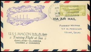 4/9/34 USS Macon IN THE AIR AGAIN, Training Flight -Sea, OAK/ALAM'DA CoC Cachet!