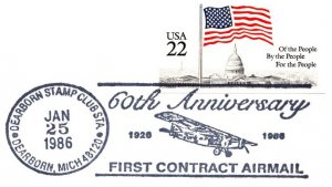 US SPECIAL POSTMARK EVENT COVER 60th ANNIV FIRST CONTRACT AIRMAIL (CAM) 1986-B