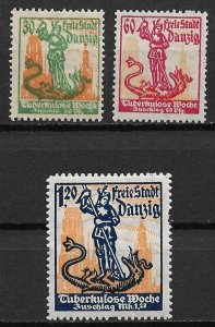 1921 Danzig B1-3 St.George and Dragon MNH with pulled perfs