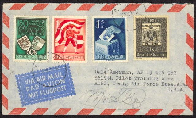 Austria B269 to B271 set & 572 on 1951 airmail cvr w/Graz pmk to Craig AF Base