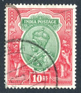 India 1911 KGV. 10r green & scarlet. Used. w34/One Star. SG189.