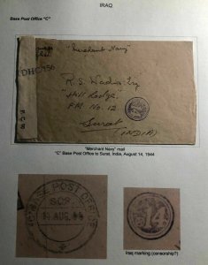 1944 Iraq Indian Section Base PO C Merchant Navy Censored Cover To Surat