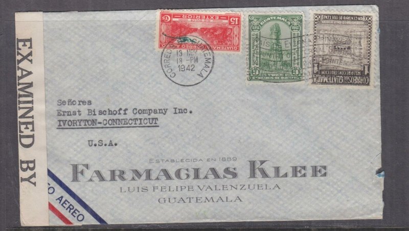 GUATEMALA, 1942 censored airmail cover, Guatemala City to USA, 1c., 3c., 15c.