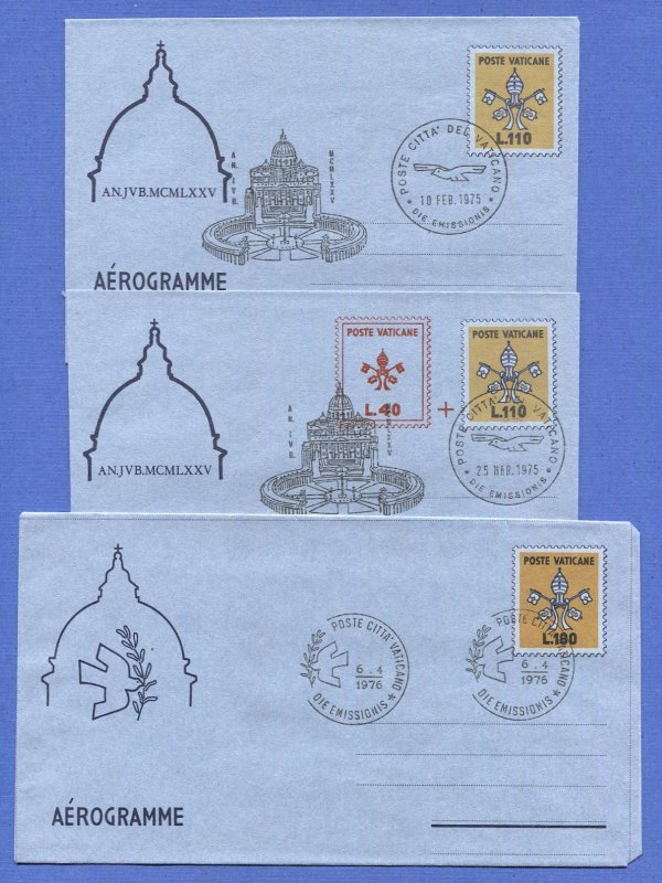 VATICAN CITY Italy 1975 Three Aerogrammes FDC, Michel LF11-13