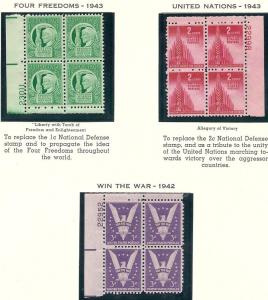 US#905 & 907 & 908  Plate blocks of 4 1942-43 (MNH) CV $1.65