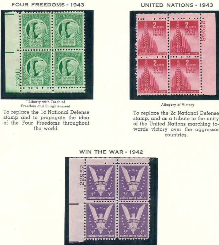 US#905 & 907 & 908  Plate blocks of 4 1942-43 (MNH) CV $1.65