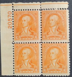 U.S.#711 Washington Bicent. 6c Plate Block of 4, M-LH 'F'. 2 top mid. perfs torn