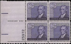 Scott # 1105 1958 3c vio  James Monroe  Plate Block - Lower Left - Mint 