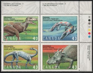 SC#1495-1498 43¢ Prehistoric Canada: Dinosaurs Plate Block UR (1993) MNH